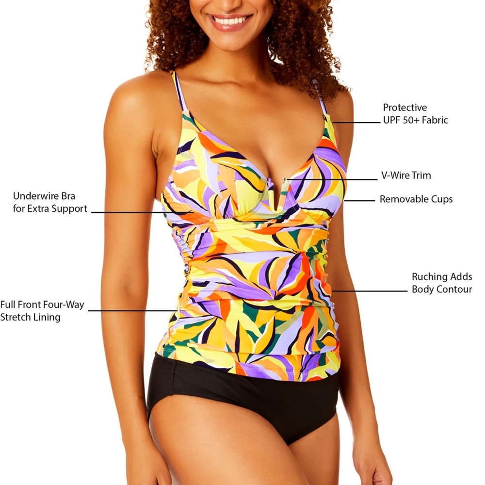 Anne Cole Ladies Tankini Swim Top Multi Trop w/ Black. Size S - Picture 5 of 10